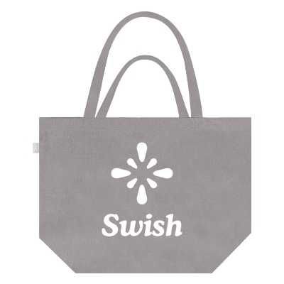 Gray recycled cotton tote bag with custom logo.