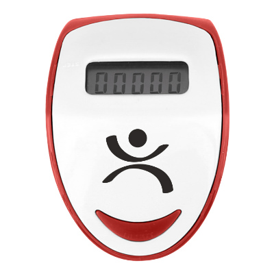 Plastic red pedometer with custom imprint.