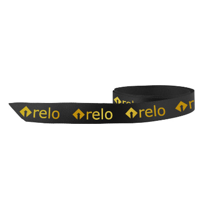 Black polyester ribbon with a custom logo.