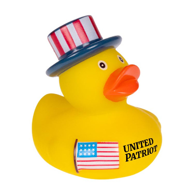 Yellow rubber duck with a customized logo.
