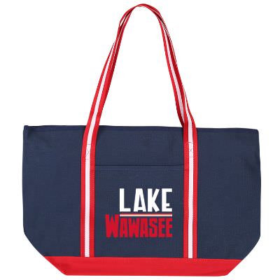 Cotton canvas navy with red large executive tote with full color logo.