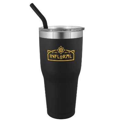 Black tumbler with a custom imprint.