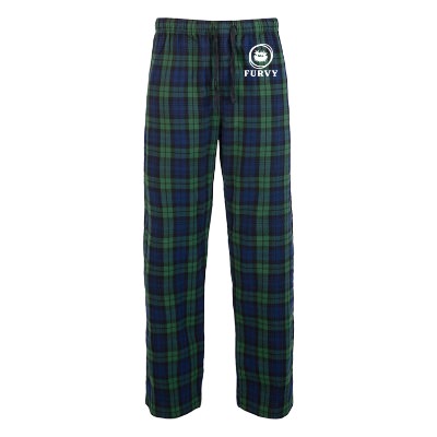 Custom forest green with team navy black watch plaid flannel pnat with logo.