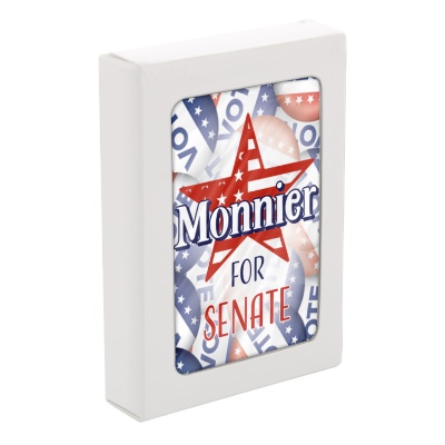 Patriotic paper playing cards with a custom logo.