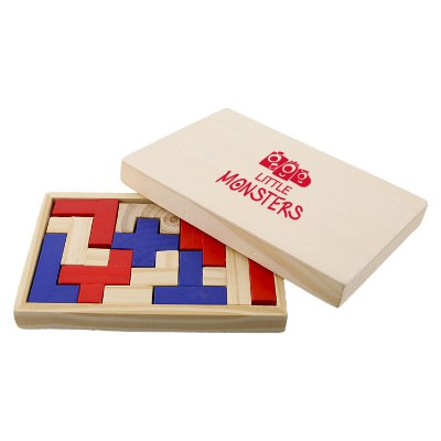 Wooden shapes puzzle with custom one color imprint.