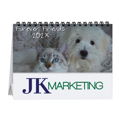 Tent desk calendar with photos of assorted furry friends with custom full color imprint.