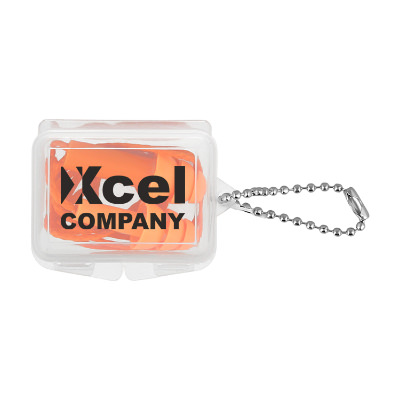 Orange plastic earplugs with a personalized logo.