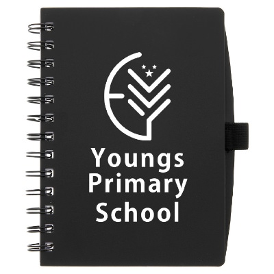 Black recycled coordinator spiral notebook with a personalized imprint.