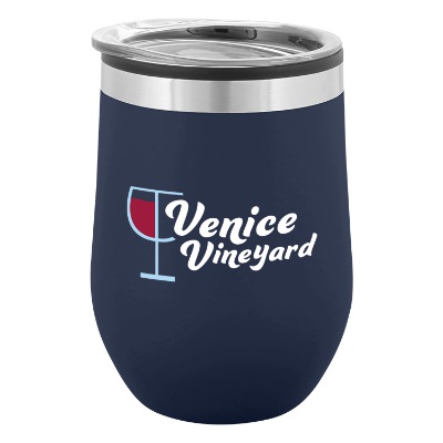 Matte navy wine tumbler with custom full color logo.