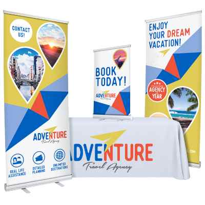 Custom polyester table cover, two 33.5 inch custom banner stands and 24 inch table top banner stand package.