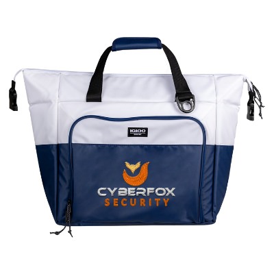 White and blue tote cooler with embroidered logo.