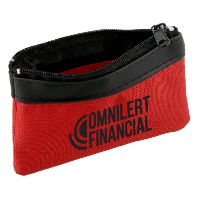 Red polyester coin pouch with branded logo.