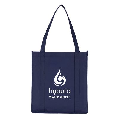 Non-woven polypropylene navy blue boulevard tote with imprinting.