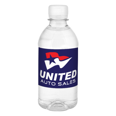 Clear plastic bottled water with a custom logo.