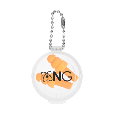 Orange plastic earplugs with a personalized logo.