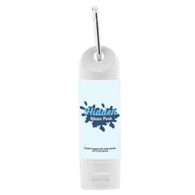 Plastic white sunscreen lotion with a custom imprint.