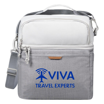 Gray polyester cooler with a custom logo.