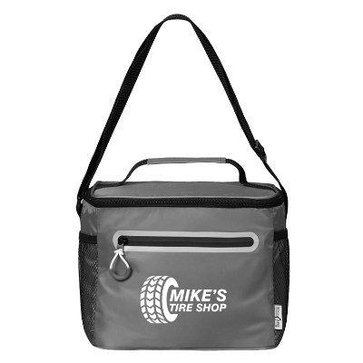 Gray polyester cooler with a custom logo.