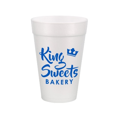 Styrofoam white foam cup with custom imprint in 16 ounces.