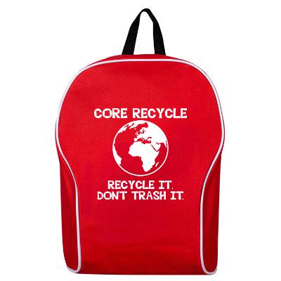 Red backpack with custom logo.