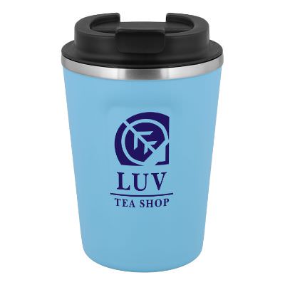 Blue tumbler with custom imprint.