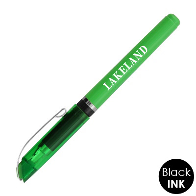 Lime green plastic pen with a personalized logo.