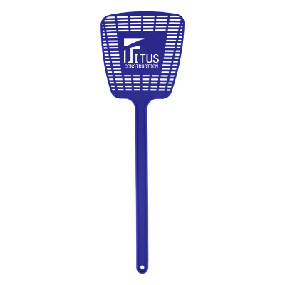 Royal blue polyethylene fly swatter with a branded logo.