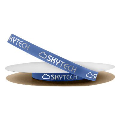 Blue satin ribbon with a custom logo.