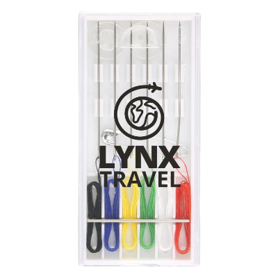 Clear plastic sewing kit with a custom imprint.