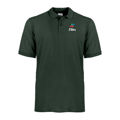 Dark green polo with custom full color imprint.