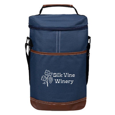 Blue polyester cooler with a customized logo.