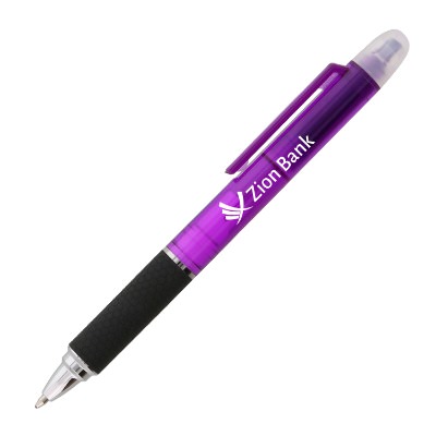 Purple plastic highlighter with a branded imprint