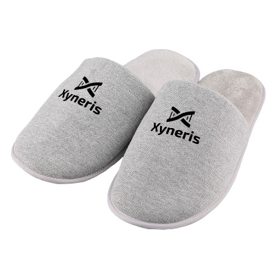 Gray slippers with custom imprint.