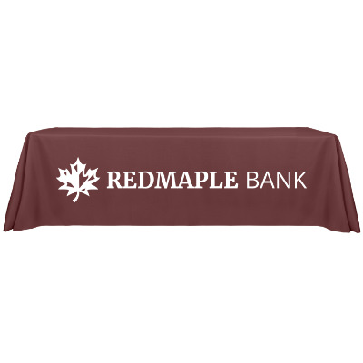 8 foot 3 sided table throw with one color imprint on front.