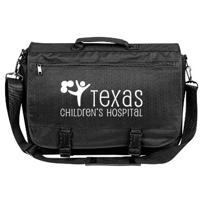 Buckled black messenger bag with personalized imprint.