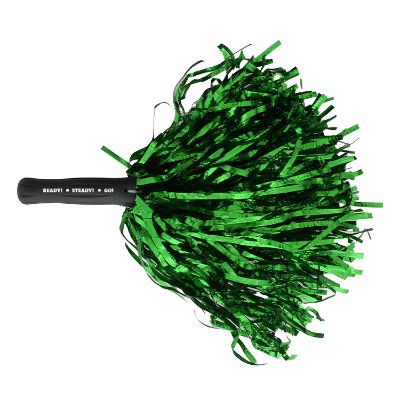 Green plastic pom pom with a personalized logo.