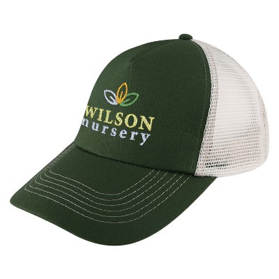 Forest Green custom embroidered trucker hat.