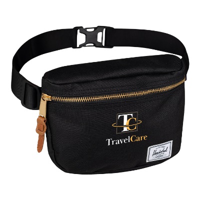 Black fanny pack with front zipper and full-color imprint.