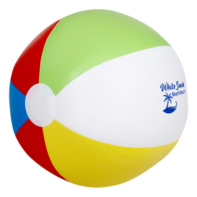 Multi-colored plastic beach ball with a personalized imprint.