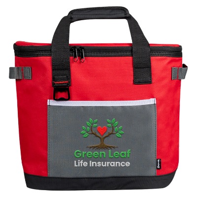 Red cooler with embroidered logo.