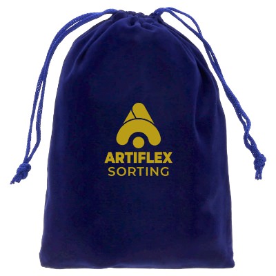 Blue velour bag with a custom logo.
