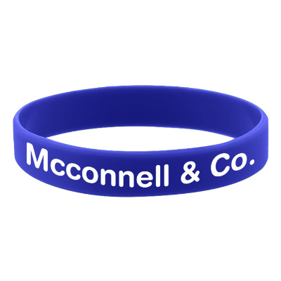 Blue silicone wristband with a custom imprint.