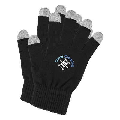 Black gloves with custom full-color imprint.