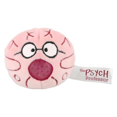 Dark pink plush stress buster with a custom imprint.