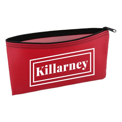 Red vinyl pouch with a personalized imprint.