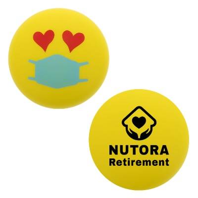 Yellow foam stress ball with a custom logo.