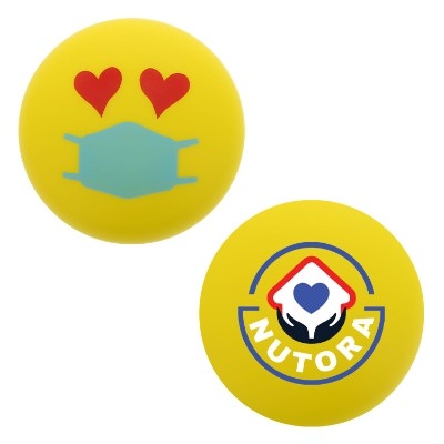 Yellow foam stress ball with a custom logo.