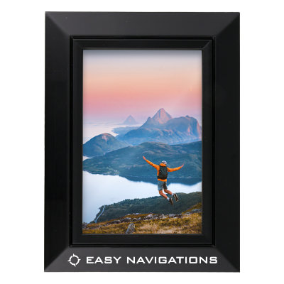 Black wooden picture frame with a branded imprint.
