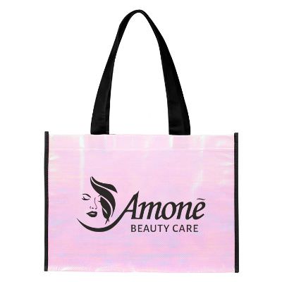 Laminated non-woven polypropylene white iridescent tote with logo.