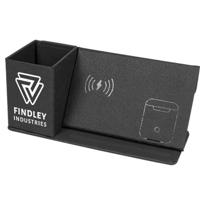 Black plastic desk organizer with a personalized imprint.